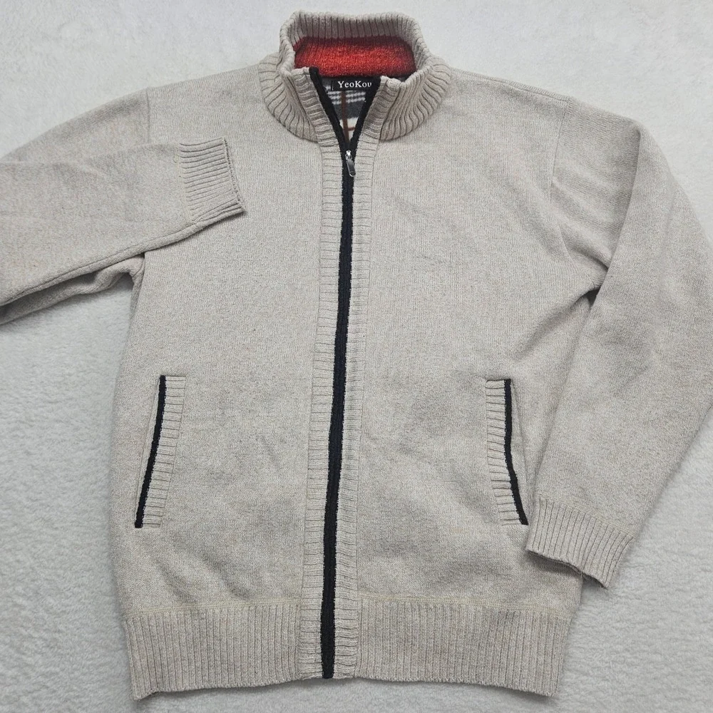 Yeokou Mens Full Zip Cardigan Sweater Fleece Lined Plaid Beige Mock Neck Large